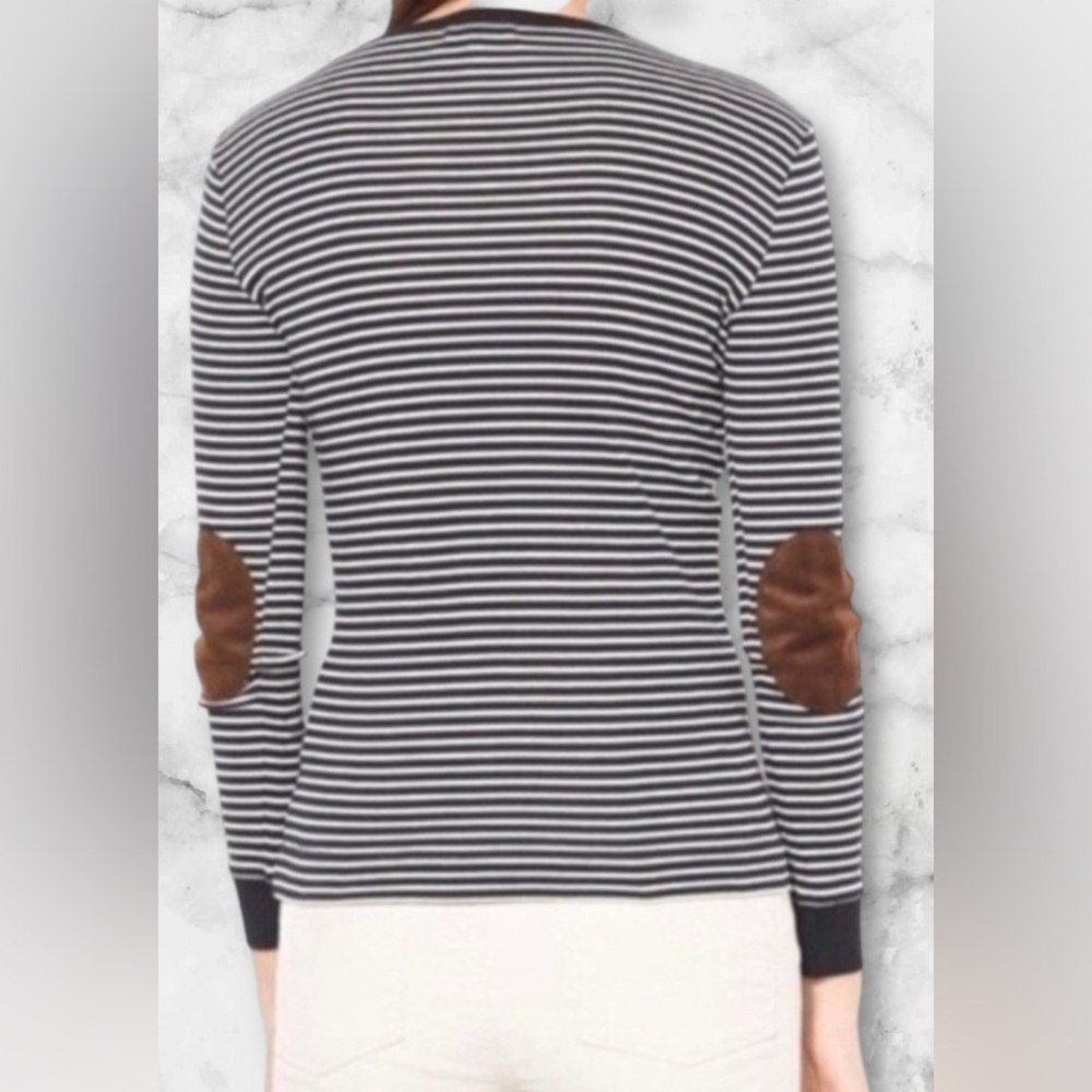Lauren Ralph Lauren Black White Striped Top Suede Elbow Patches and Accents Sz M - Picture 8 of 15